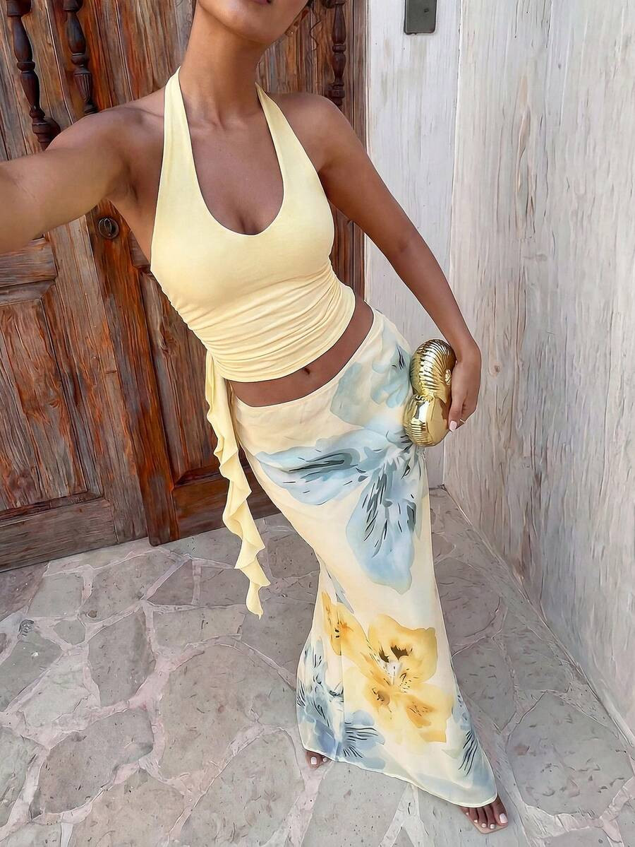 Aloruh Women's Summer Vacation Outfit: Tropical Floral Print Draped Neck Crop Top And Mermaid Ruffle Skirt Sexy Set. Summer Beachwear, Bohemian Tropical Vacation Women's Wear, Floral Mesh Women's Beachwear, Yellow Floral Print Set, Resort Wear, Vacationcore | SHEIN