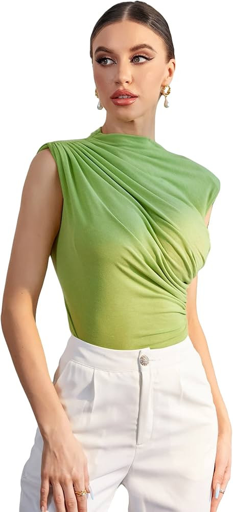 Milumia Women Elegant Ruched Padded Shoulder Work Mock Neck Tank Tops Sleeveless Blouses | Amazon (US)