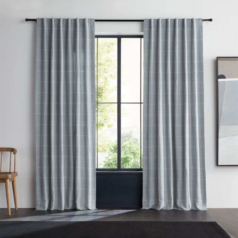 Mist Blue & Crisp White Linen Double Pinstripe Grid Window Curtain Panel 52"x84" + Reviews | Crat... | Crate & Barrel