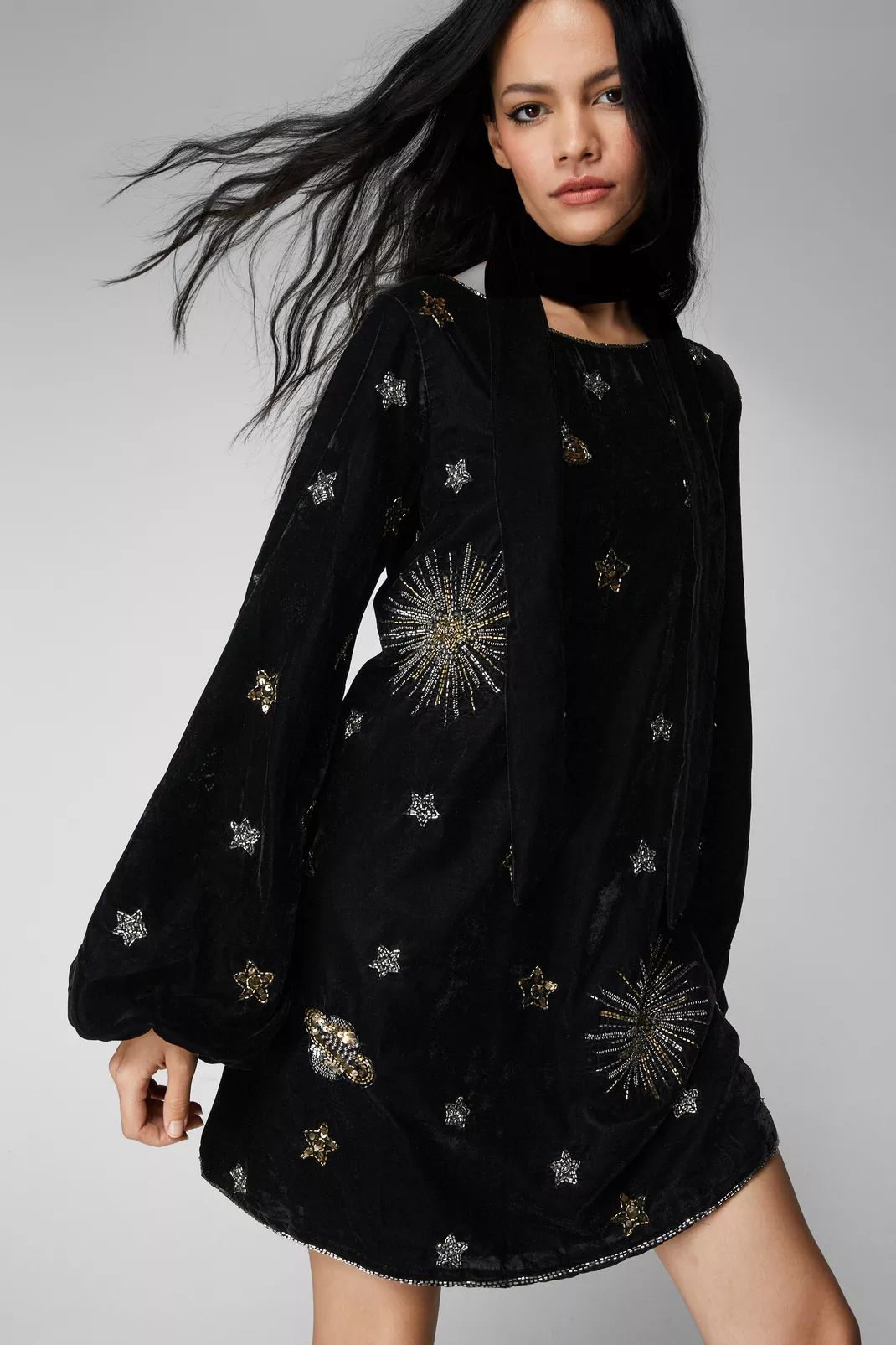 Celestial Embellished Velvet Neck Tie Mini Dress | Nasty Gal US