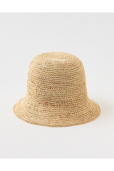Aerie Straw Crochet Bucket Hat Women's Natural One Size | American Eagle Outfitters (US & CA)
