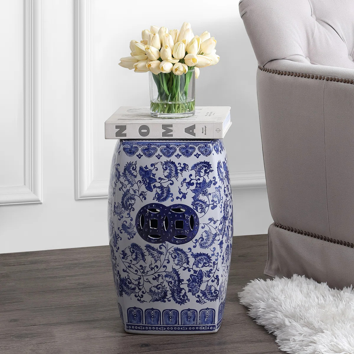 Floral Vine 18.5" Traditional Blue and White Floral Chinoiserie Ceramic Drum Garden Stool, Pierce... | Wayfair North America