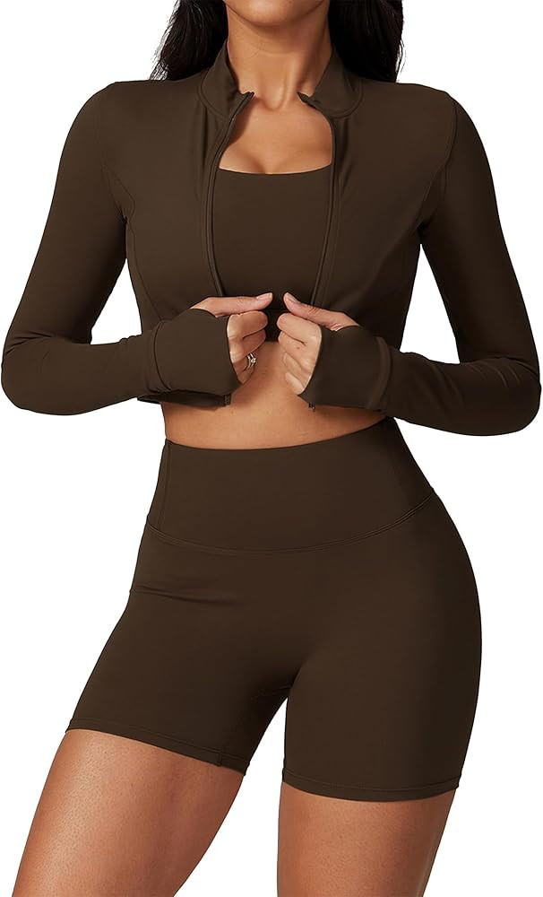 Womens Workout Sets 3 Piece Seamless Shorts Crop Top Long Sleeve Jacket Gym Yoga Outfit Sports Br... | Amazon (US)