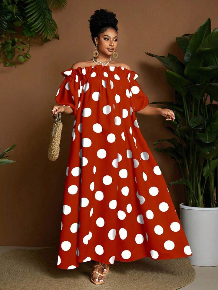 Maweii Plus Size Women's Polka Dot Print Ruffle Trim Off Shoulder Loose Casual Dress | SHEIN