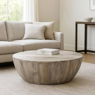 Arthur 35.5 in. Distressed White Round Mango Wood Coffee Table with Subtle Grains | The Home Depot
