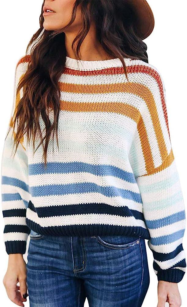 Women Sweaters Long Sleeve Crew Neck Color Block Striped Oversized Casual Knitted Pullover Tops | Amazon (US)