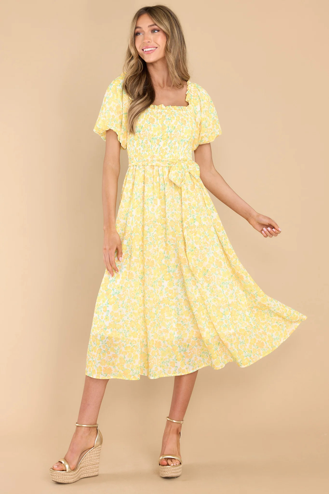 Grow Freely Yellow Floral Print Midi Dress | Red Dress 