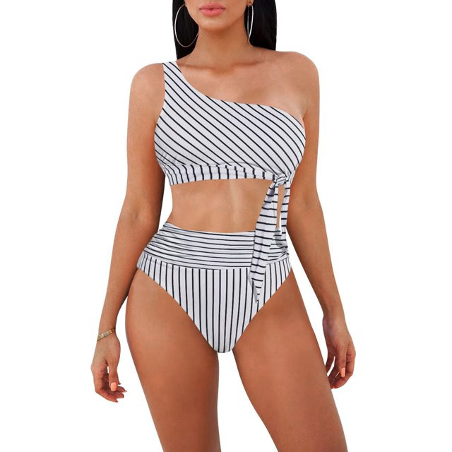 Pink Queen Women's 2 Piece One Shoulder Swimsuit Tie Side High Waist Bikini Bathing Suits Black a... | Walmart (US)