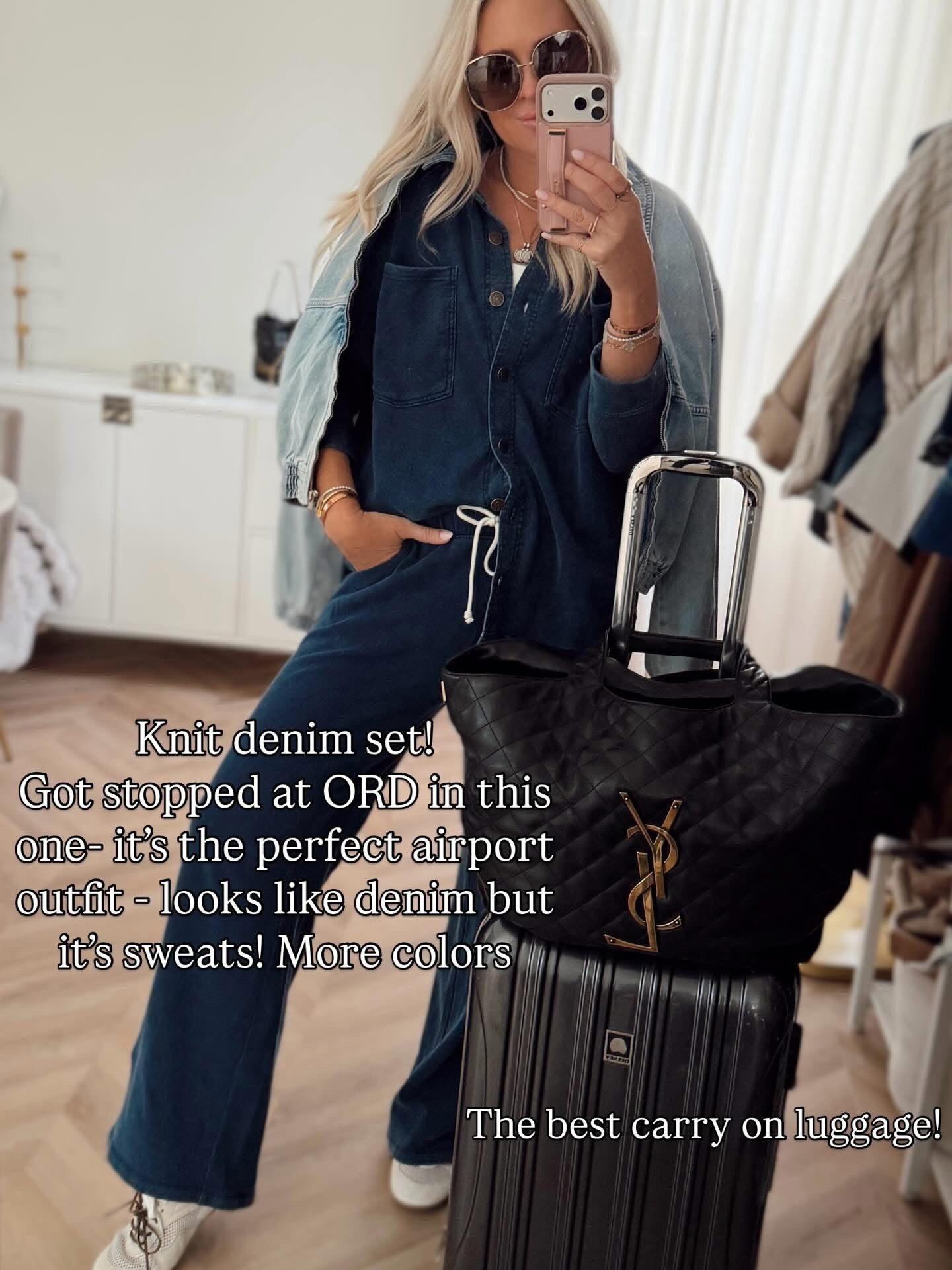 Looks like denim but it’s sweats! Also got in this new denim bomber which I love and it’s on sale! ✨✨✨

I did medium in pants for length and small in tops. More colors. 

Travel set. Travel. Lounge set. Sweats. 

#LTKActive #LTKTravel