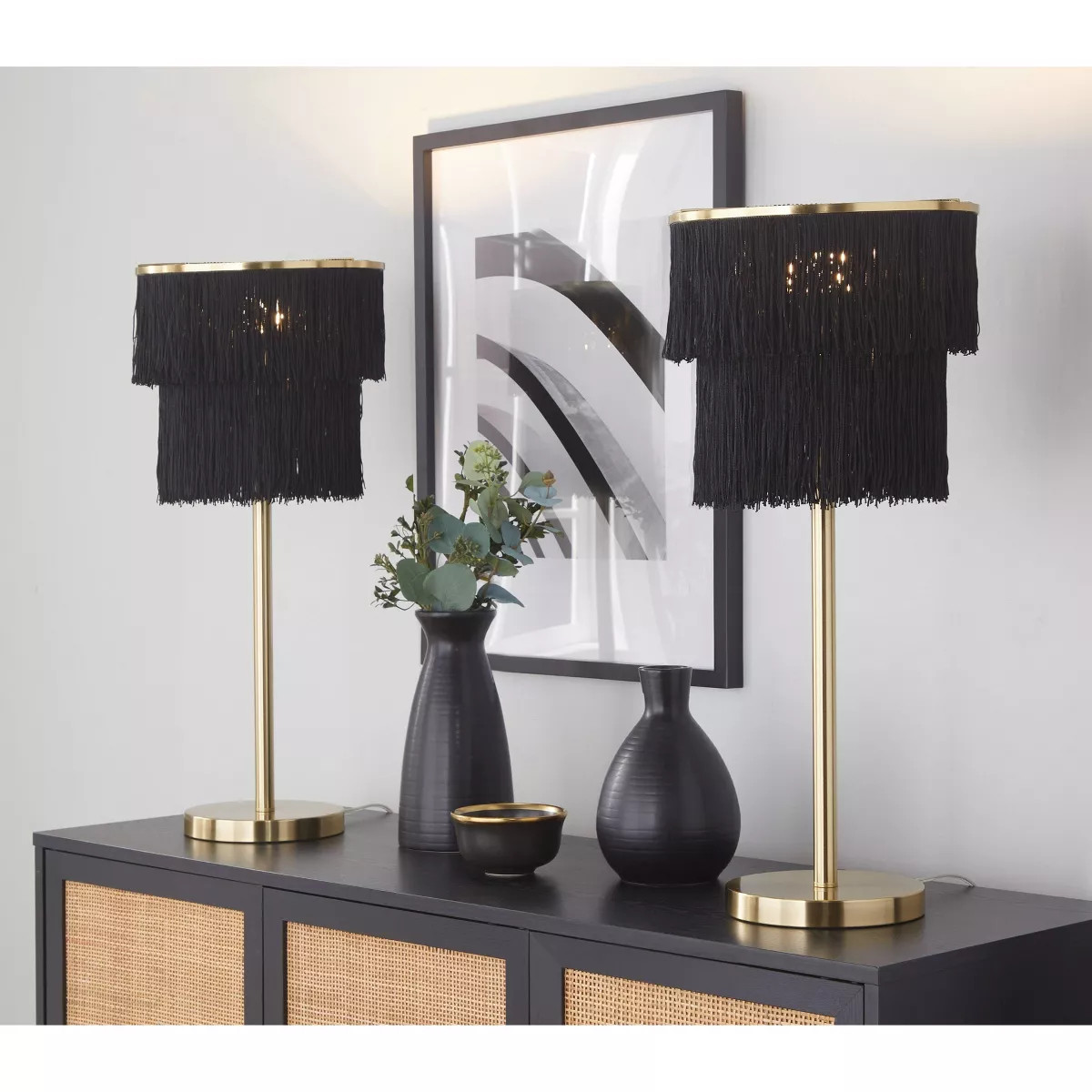 LumiSource: Fringe 25" Gold Metal Buffet Lamps with Black Faux Silk Shade, Set of 2 | Target