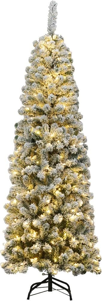 Amazon.com: Goplus 6ft Artificial Snow Flocked Christmas Tree, Pre-Lit Hinged Pencil Tree with 25... | Amazon (US)