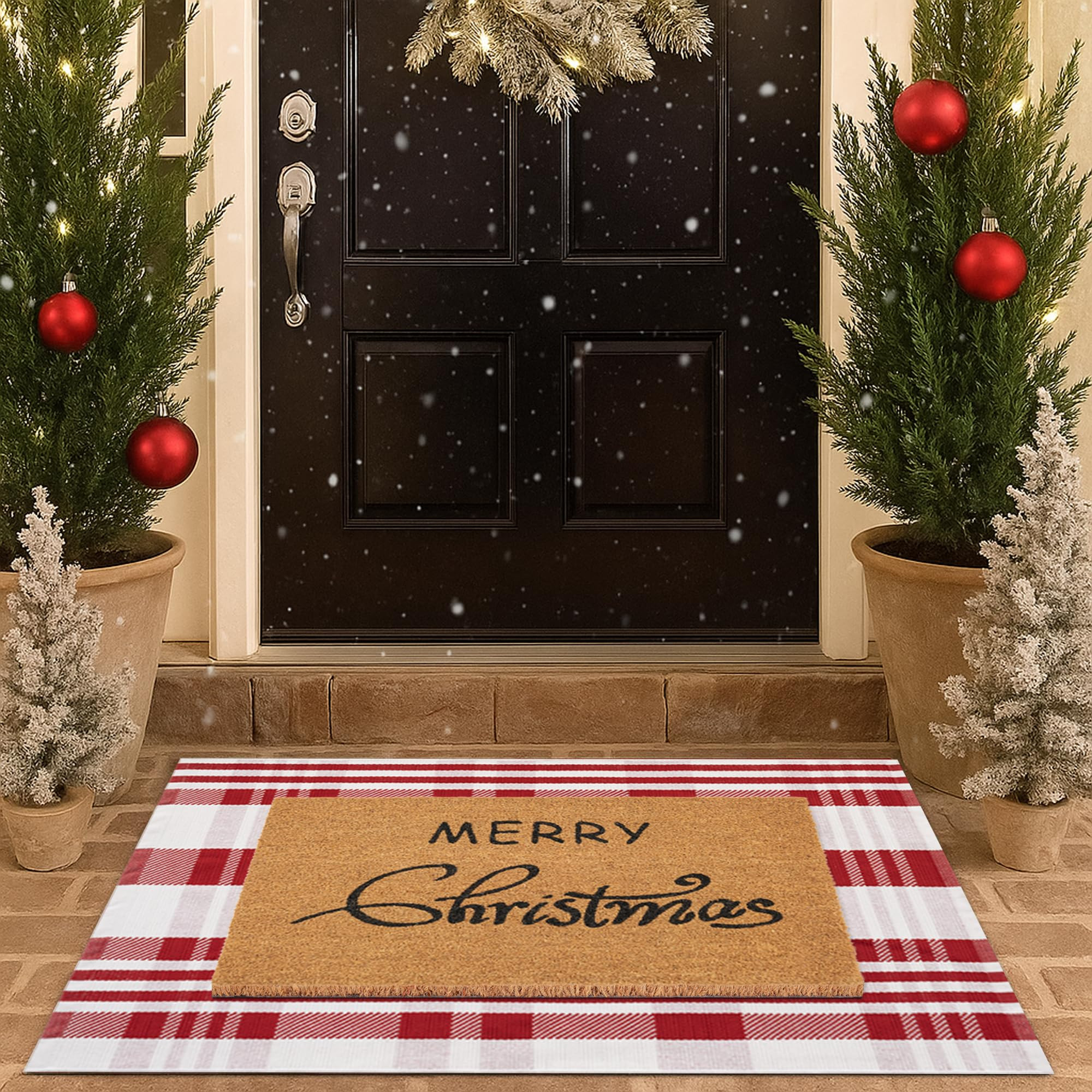 Christmas Door Mat Combo Set - 100% Coco Coir Welcome Mat + 28 x 43 Inch Red and White Diagonal P... | Amazon (US)