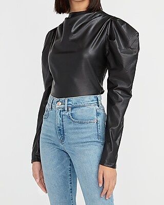 Vegan Leather Puff Sleeve Mock Neck Top | Express