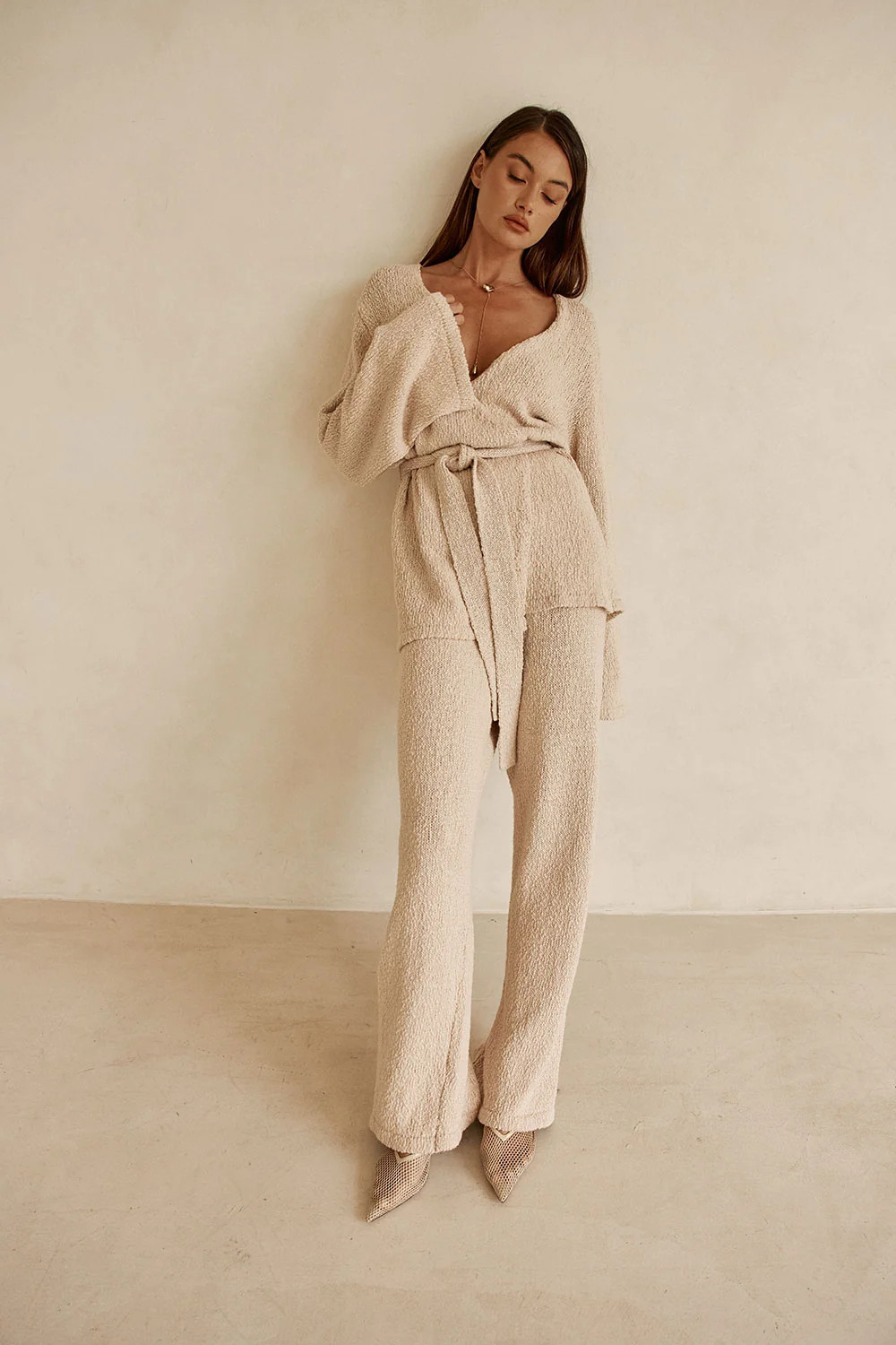 Beige Knit Elastic Drawstring Artique Pants | Sabo Skirt US