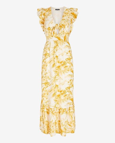 Printed Flutter Sleeve Tie Front Midi Linen-blend Dress | Express