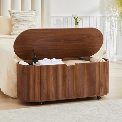 Fluted Storage Bench with 4 Wheels, 43.3” Oval Storage Chest with Safety Hinges, Large Storage Trunk Toy Chest, Modern Wooden End of Bed Bench with Lift Top for Entryway Bedroom Living Room, Walnut | Amazon (US)