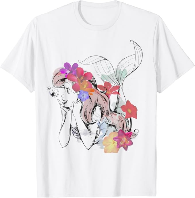 Disney The Little Mermaid Floral Watercolor Outline T-Shirt | Amazon (US)