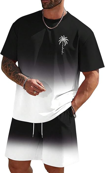 RoseSeek Men's Short Sets 2 Piece Outfits Tropical Graphic Tees and Shorts Sets Beach Vacation Ou... | Amazon (US)