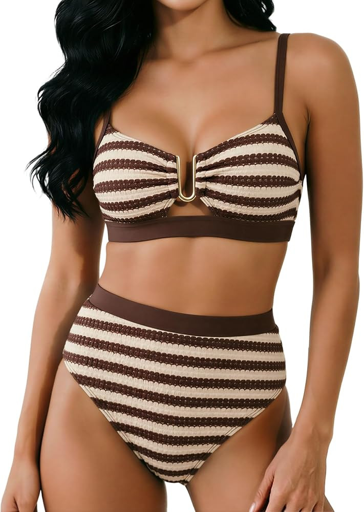 Women\u2019s Textured Knit Bikini Set \u2013 Ribbed Striped Two Piece Swimsuit with Supportive Br... | Amazon (US)
