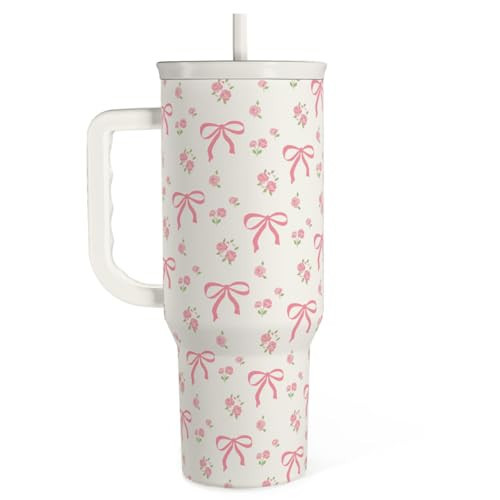 Bow Tumbler with Handle 40oz, Stainless Steel Insulated Tumblers Coffee Travel Cup with Slider Straw Lid, Gifts for Women Teen Girls Birthday | Amazon (US)