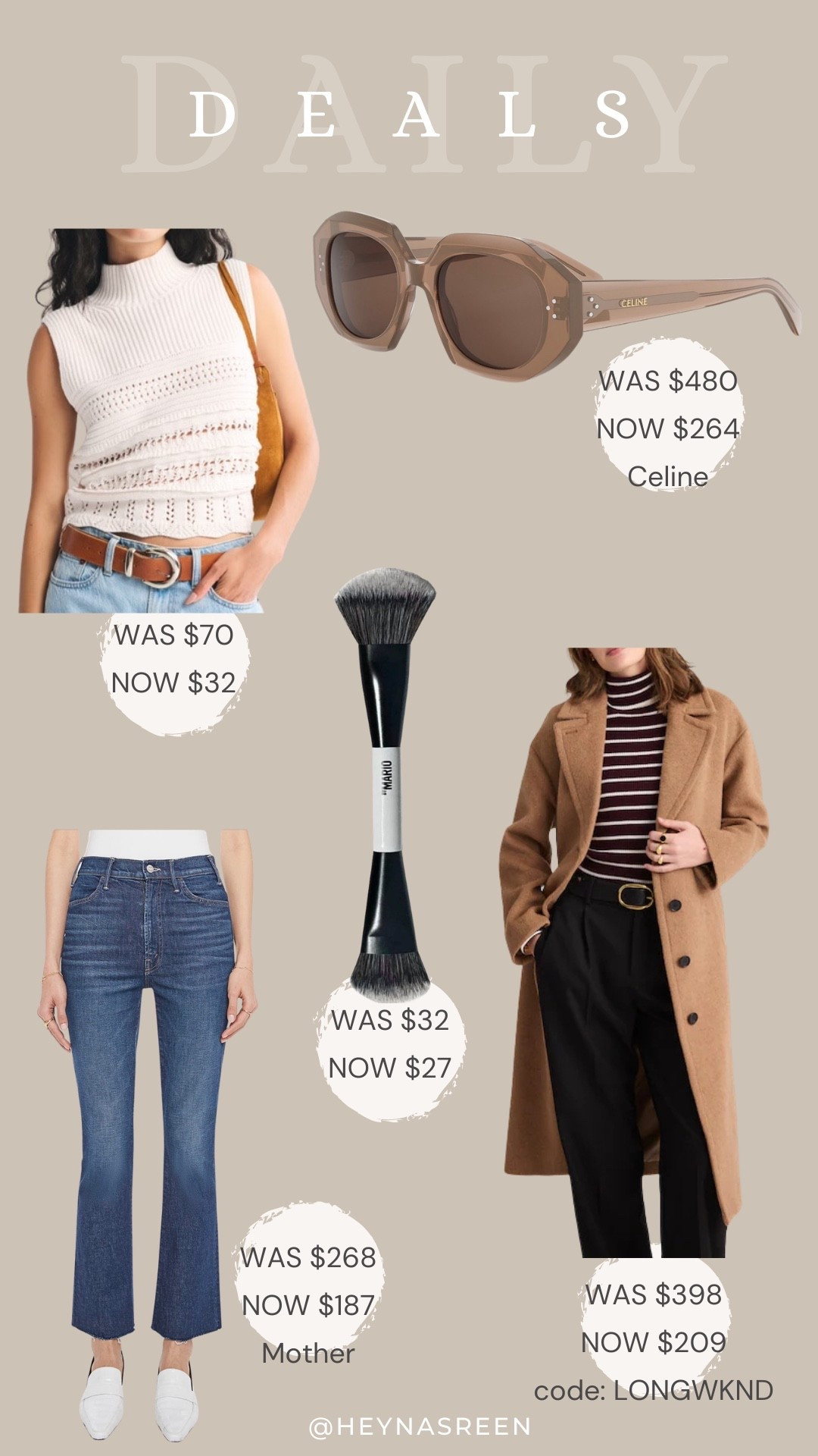 Daily deals on Abercrombie sweater shell top, Celine sunglasses, Madewell coat, Makeup by Mario brush, MOTHER jeans 