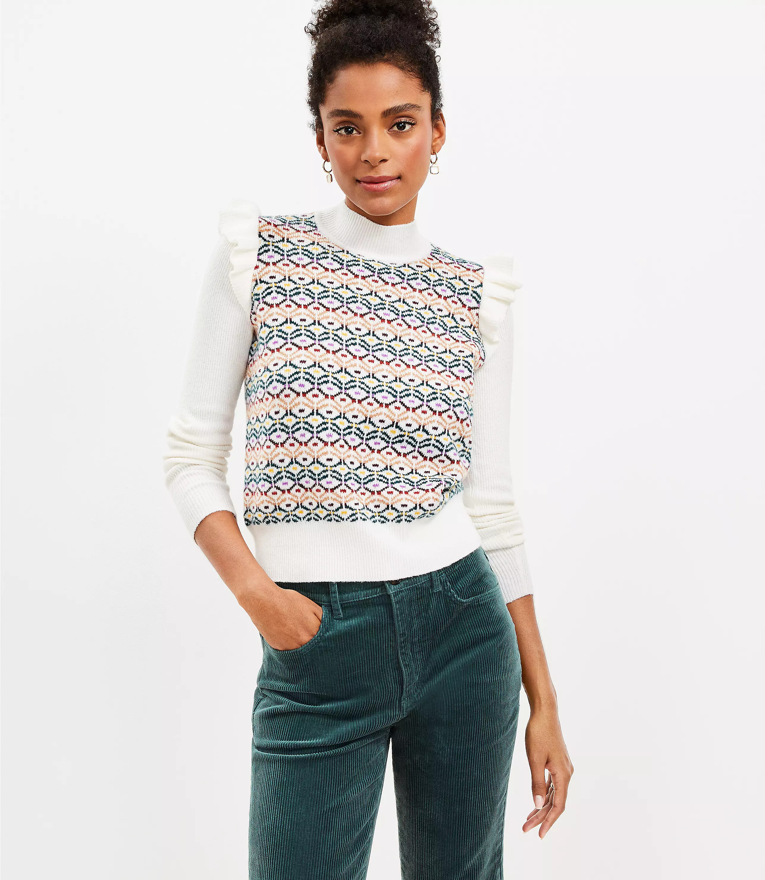 Geo Jacquard Ruffle Mock Neck Sweater | LOFT