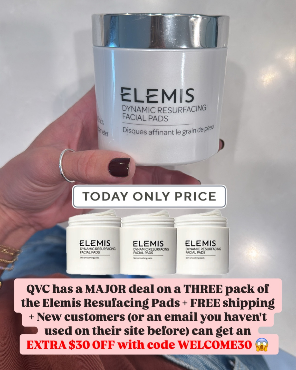 QVC has a MAJOR deal on a THREE pack of the Elemis Resufacing Pads + FREE shipping + New customers (or an email you haven't used on their site before) can get an EXTRA $30 OFF with code WELCOME30 🥳🥳

@qvc #ad 

#LTKSaleAlert #LTKBeauty #LTKGiftGuide