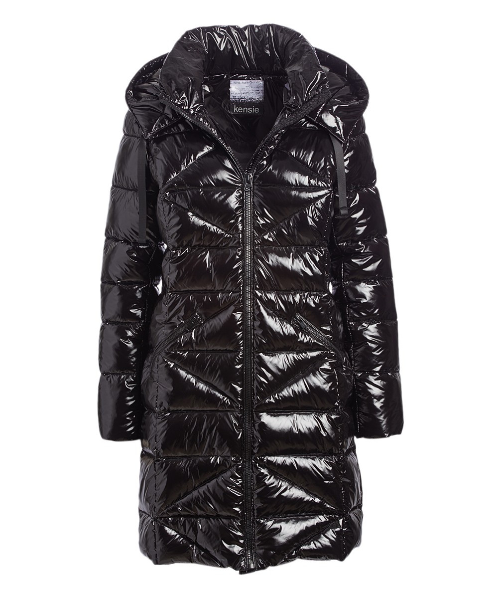 kensie Women's Puffer Coats BLACK - Black Shiny Hooded Puffer Coat - Women | Zulily