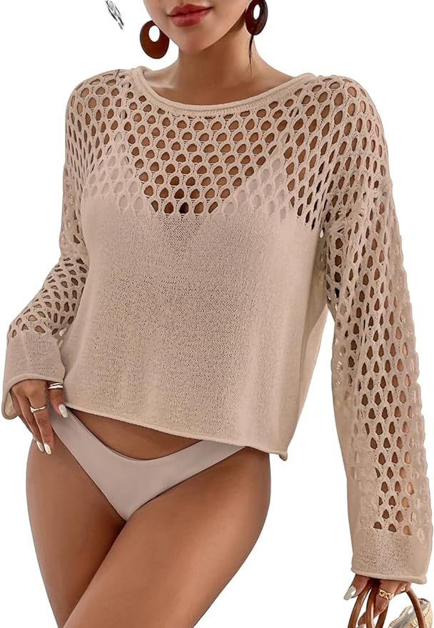 Bsubseach Swimsuit Coverup for Women Knitted Beach Cover Up Long Sleeve Crochet Tops | Amazon (US)