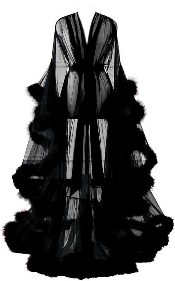 Changuan Sexy Illusion Long Lingerie Robe Nightgown Bathrobe Sleepwear Feather Bridal Robe Weddin... | Amazon (US)