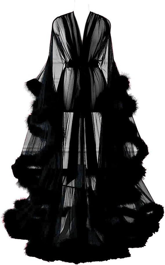 Changuan Sexy Illusion Long Lingerie Robe Nightgown Bathrobe Sleepwear Feather Bridal Robe Weddin... | Amazon (US)