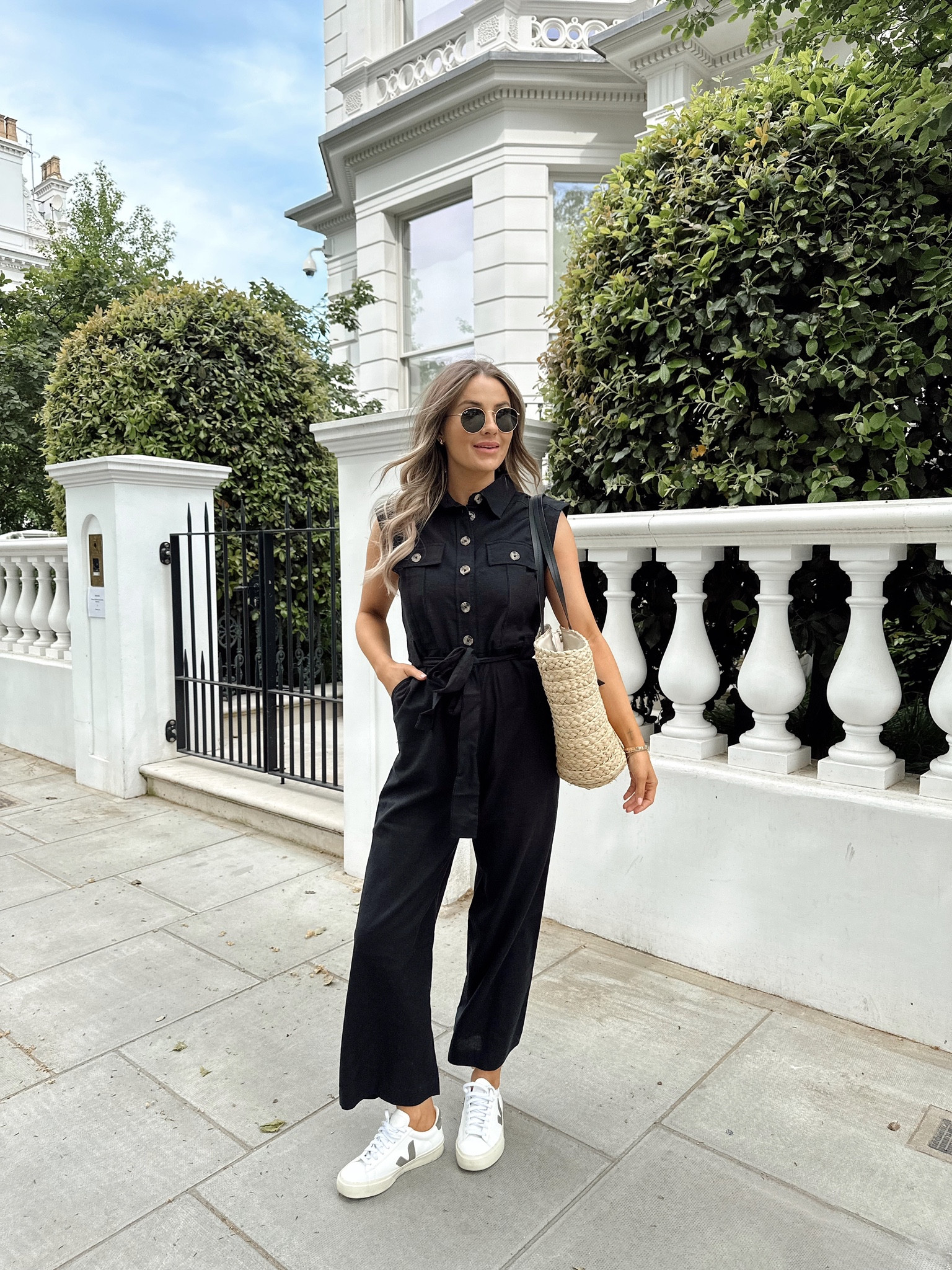 Simple spring look - black utility jumpsuit & basket bag from new look, veja campo trainers & rayban sunglasses

#LTKeurope #LTKstyletip #LTKSeasonal
