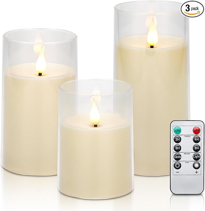 iplacer Ivory Flameless Pillar Candles Battery Operated with Remote Control and Timer, Perspex LE... | Amazon (US)