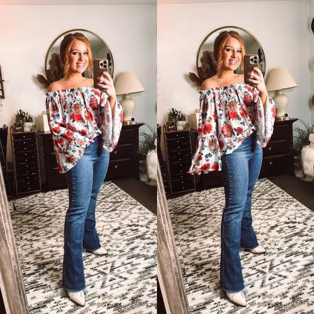 Floral off the shoulder bell sleeve top from blooming jelly - amazon brand 
Size small 

Flare jeans in size 28 



#LTKSeasonal #LTKFind #LTKstyletip