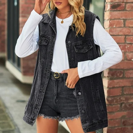 Hunpta Women Fashion Retro Solid Color Denim Vest Jacket Sleeveless Loose Casual Button Top Coat | Walmart (US)