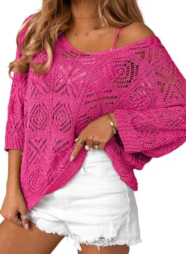 Dokotoo Spring Tops for Women 2026 Crochet Hollow Out 3/4 Sleeve Pullover Sweater Off Shoulder T-Shirts Off Shoulder Sweater Beach Cover Ups for Women Rose Red X-Large | Amazon (US)