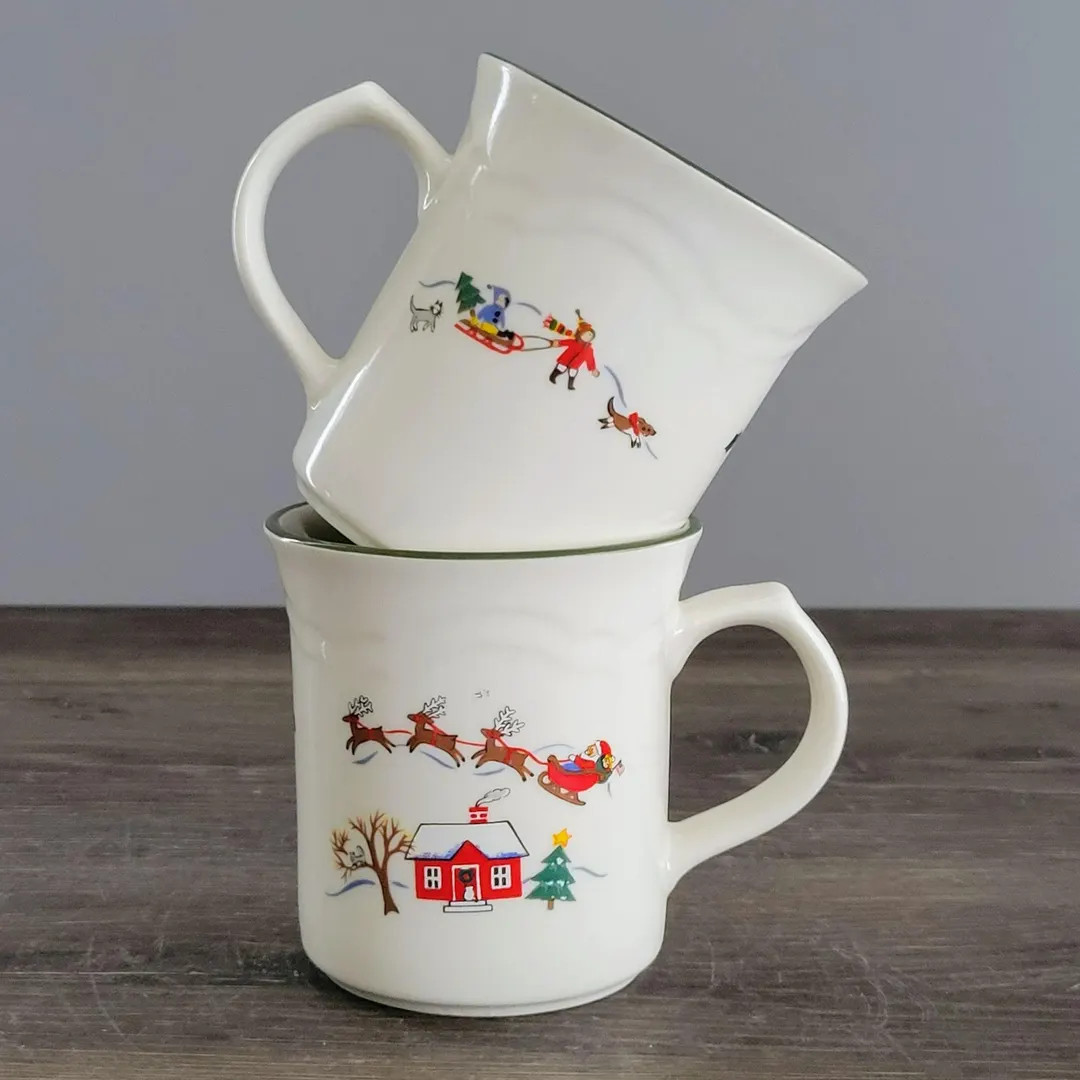 Pfaltzgraff Snow Village Coffee Mug Set of 2, Santa & Reindeer Flying Over Home, Children Sleddin... | Etsy (US)