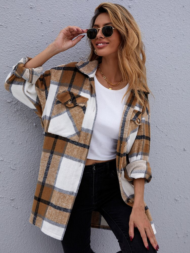Plaid Flap Pocket Drop Shoulder Overcoat | SHEIN