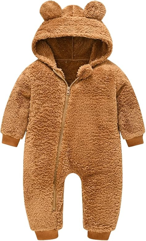 Baby Fleece Jumpsuits Infant Bear Ear Snowsuit Newborn Hooded Romper Warm Coat | Amazon (US)