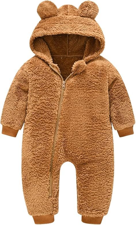 Baby Fleece Jumpsuits Infant Bear Ear Snowsuit Newborn Hooded Romper Warm Coat | Amazon (US)