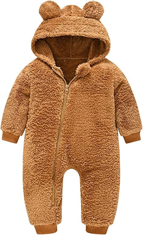 Baby Fleece Jumpsuits Infant Bear Ear Snowsuit Newborn Hooded Romper Warm Coat | Amazon (US)