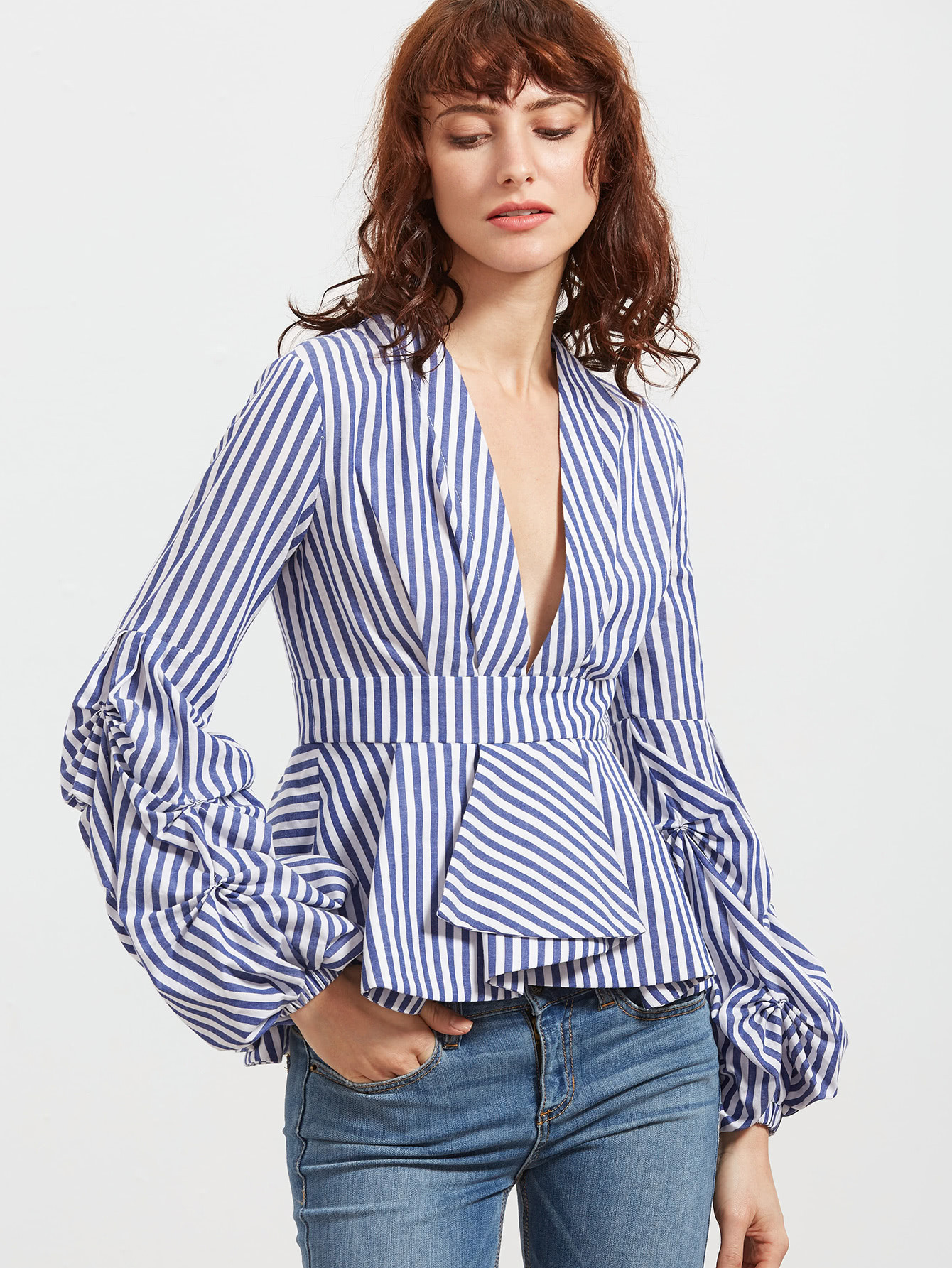 Blue Striped Deep V Neck Lantern Sleeve Box Pleated Peplum Top | SHEIN