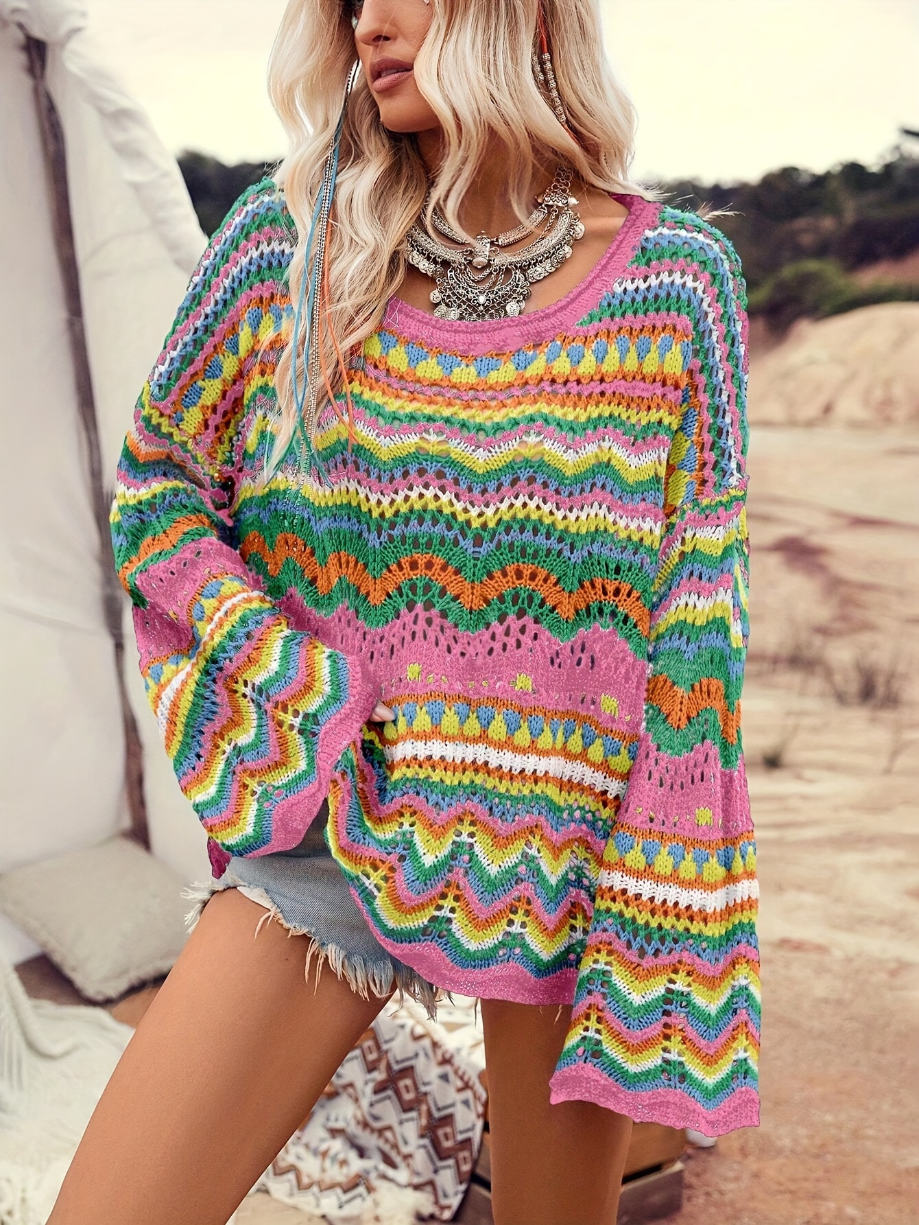 Hollow Loose Crew Neck Sweater Casual Long Sleeve Colorblock - Temu | Temu Affiliate Program