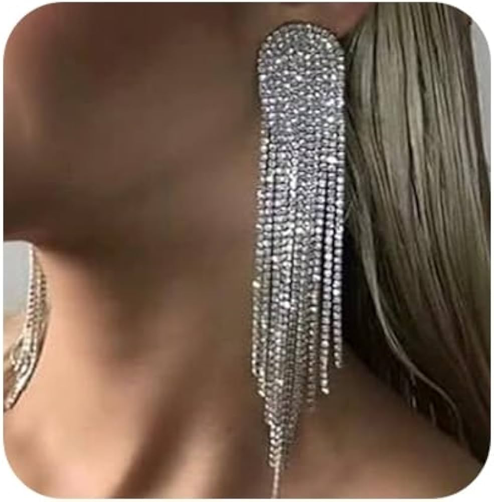 fxmimior Boho Rhinestones Tassels Statement Silver Earrings for Women and Girls Long Chain fashio... | Amazon (US)