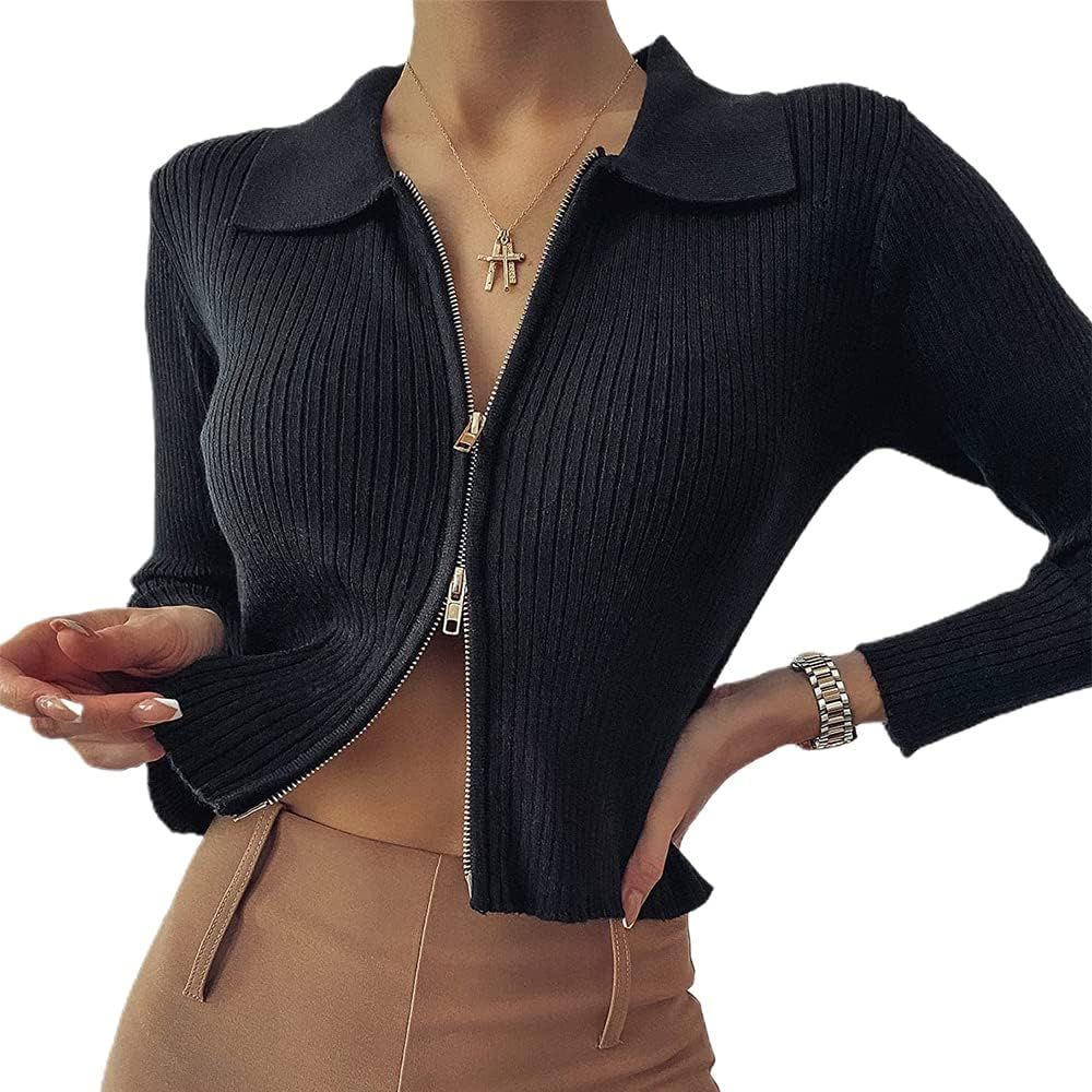 ZAFUL Women's V Neck Ribbed Button Up Cardigan Solid Knitwear Long Sleeve Surplice Crop Tops Sweater | Amazon (US)
