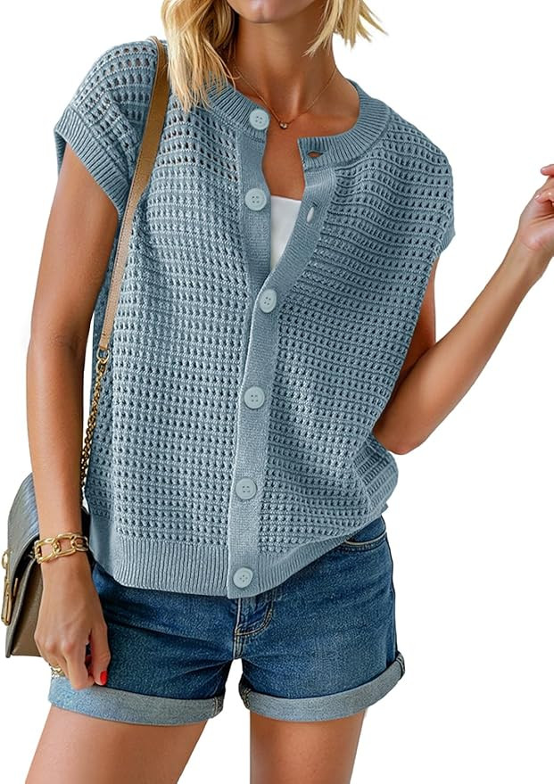 Saodimallsu Womens Short Cap Sleeve Sweater Vest Crochet Button Down Cardigans Crew Neck Summer K... | Amazon (US)