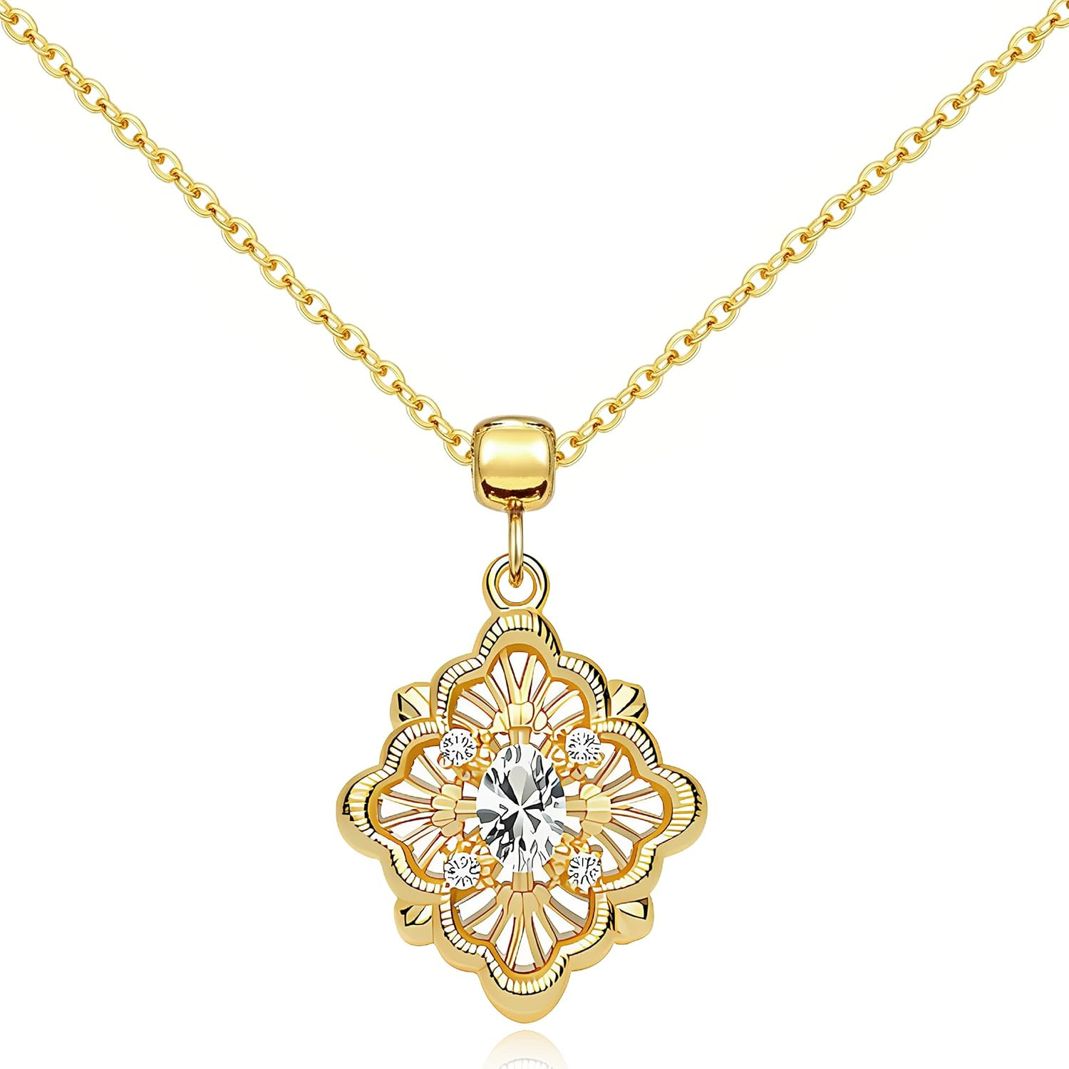 CZ Flower Pendant Necklace Gold for Women, Clover Vintage Necklaces Trendy for Holiday Work Jewelry Birthday Gifts | Amazon (US)