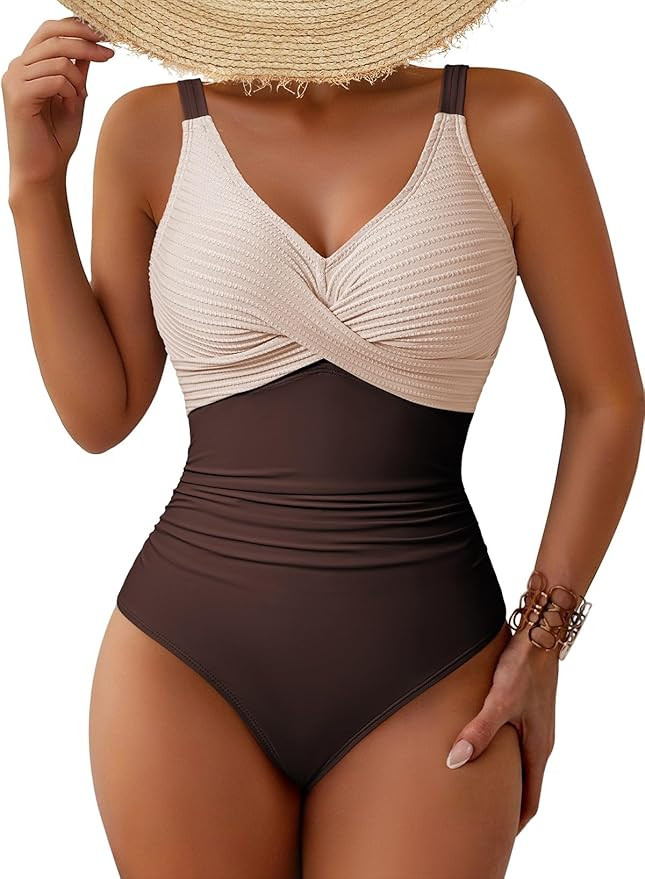 Pink Queen Women's One Piece Swimsuit 2026 Patchwork Tummy Control V Neck Wide Straps Beach Bathi... | Amazon (US)