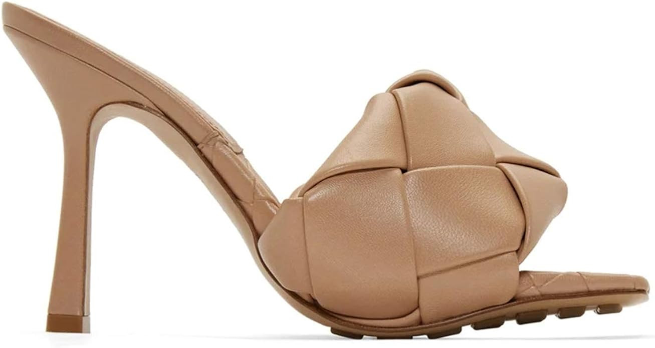 Women's Square Open Toe Heeled Woven Leather Mule Sandals Stiletto Slip On Quilted High Heel Shoe... | Amazon (US)
