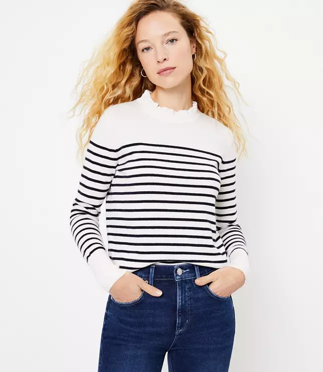 Striped Ruffle Neck Sweater | LOFT